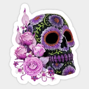 Pink Floral Black Sugar Skull Day Of The Dead Sticker